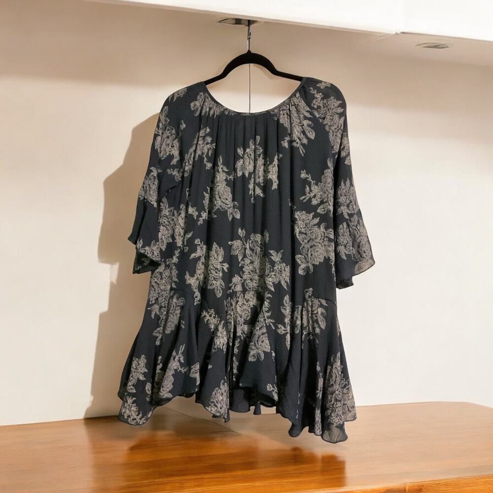 Paisley Vine Womans Babydoll Dress/Tunic Navy/White Floral Size S Boho Peasant